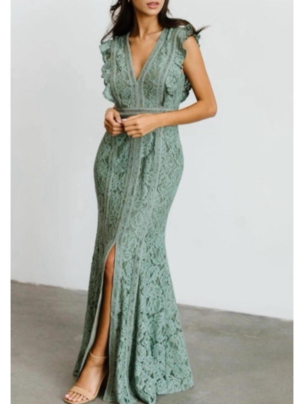 Baltic Born Sage Green Lace Maxi Dress with V-Neck and Front Slit